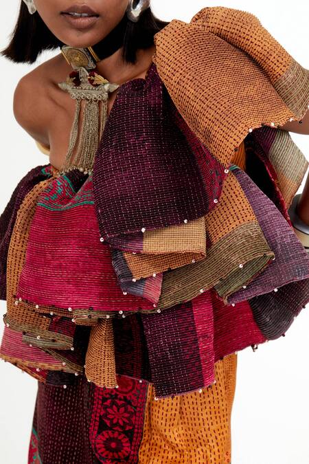 Buy_Aseem Kapoor_Multi Color Crepe, Satin Beads One Shoulder Roxanna Block Ruffle Top And Pant Set 