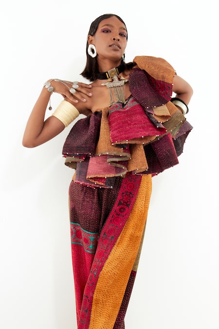 Shop_Aseem Kapoor_Multi Color Crepe, Satin Beads One Shoulder Roxanna Block Ruffle Top And Pant Set 