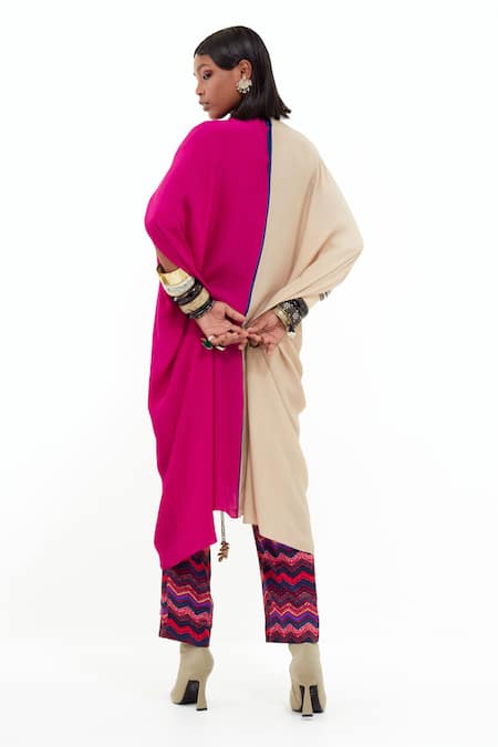 Shop_Aseem Kapoor_Pink Silk Beads Round Neck Ritu Color Block Kaftan And Trouser Set _at_Aza_Fashions