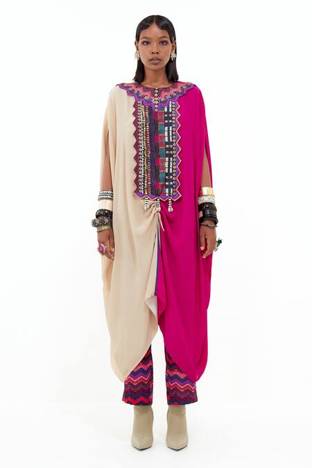 Aseem Kapoor_Pink Silk Beads Round Neck Ritu Color Block Kaftan And Trouser Set _Online_at_Aza_Fashions