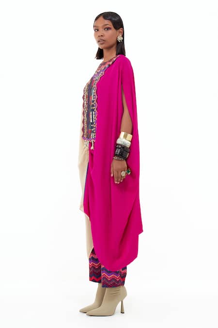 Buy_Aseem Kapoor_Pink Silk Beads Round Neck Ritu Color Block Kaftan And Trouser Set _Online_at_Aza_Fashions