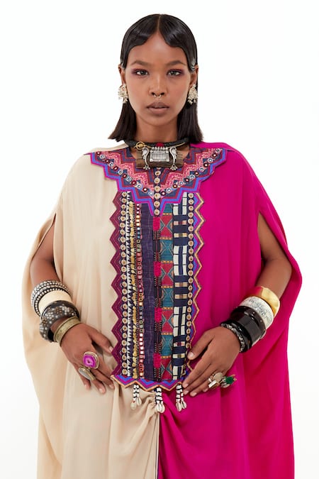 Shop_Aseem Kapoor_Pink Silk Beads Round Neck Ritu Color Block Kaftan And Trouser Set _Online_at_Aza_Fashions