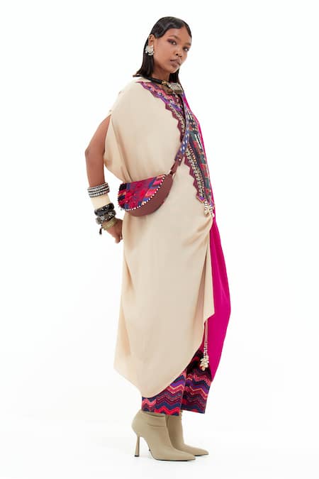 Aseem Kapoor_Pink Silk Beads Round Neck Ritu Color Block Kaftan And Trouser Set _at_Aza_Fashions