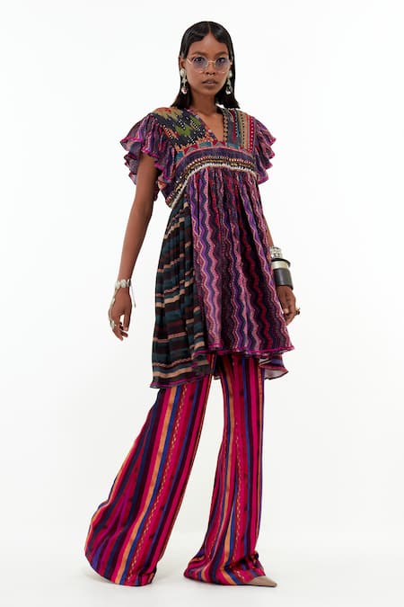 Aseem Kapoor Multi Color Crinkle Crepe Nero Printed Tunic And Trouser Set 