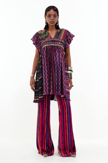 Buy_Aseem Kapoor_Multi Color Crepe, Satin, Silk Beads, Nero Printed Crinkle Tunic And Trouser Set_Online_at_Aza_Fashions