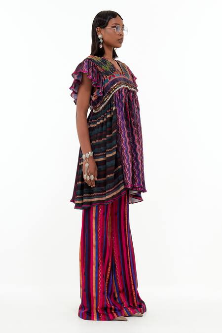 Shop_Aseem Kapoor_Multi Color Crepe, Satin, Silk Beads, Nero Printed Crinkle Tunic And Trouser Set_Online_at_Aza_Fashions