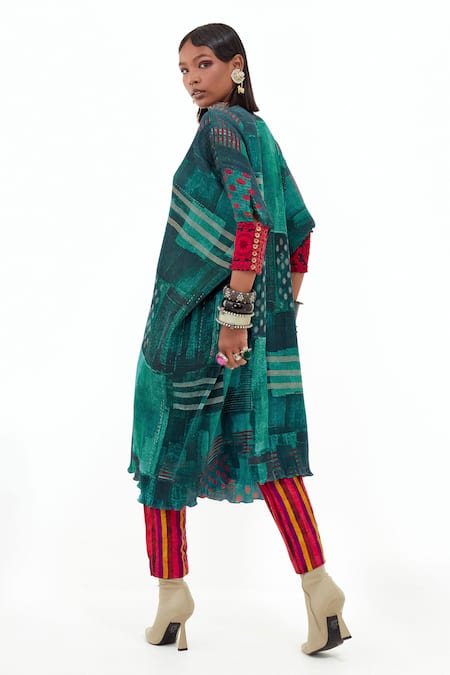 Shop_Aseem Kapoor_Green Crepe, Satin, Silk Embroidery V-neck Ritu Printed Kaftan And Trouser Set _at_Aza_Fashions