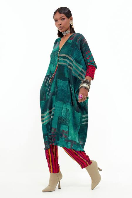 Aseem Kapoor_Green Crepe, Satin, Silk Embroidery V-neck Ritu Printed Kaftan And Trouser Set _Online_at_Aza_Fashions