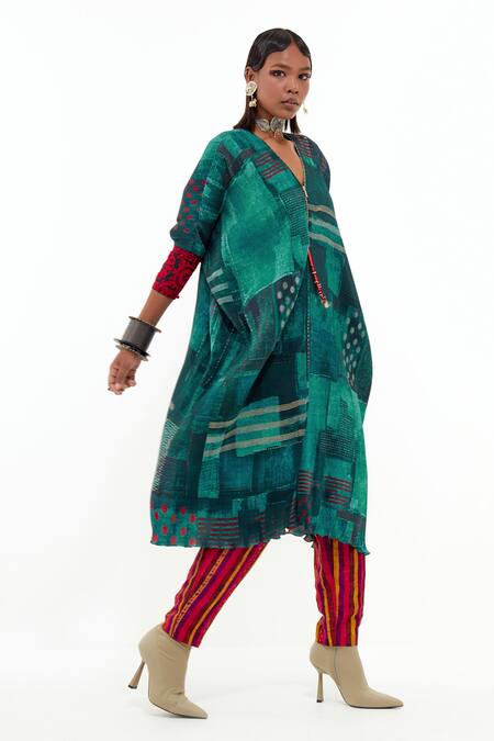 Buy_Aseem Kapoor_Green Crepe, Satin, Silk Embroidery V-neck Ritu Printed Kaftan And Trouser Set _Online_at_Aza_Fashions
