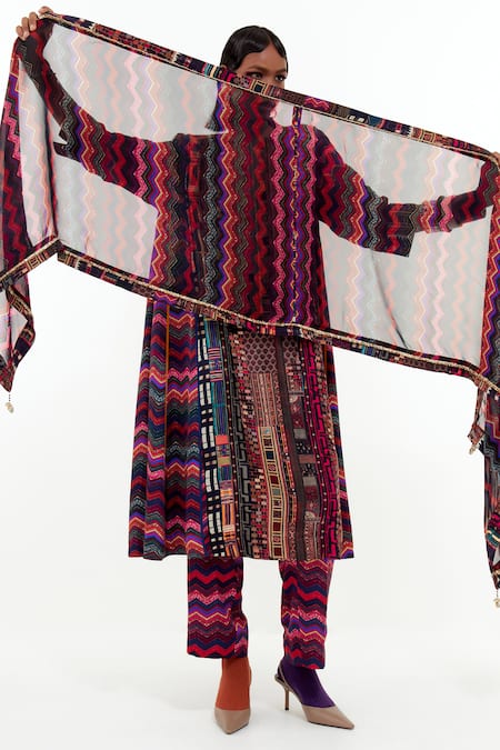 Shop_Aseem Kapoor_Multi Color Cotton, Silk Embroidery Round Neck Indra Printed Choga Kurta Set _at_Aza_Fashions