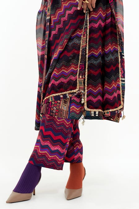 Aseem Kapoor_Multi Color Cotton, Silk Embroidery Round Neck Indra Printed Choga Kurta Set _Online_at_Aza_Fashions