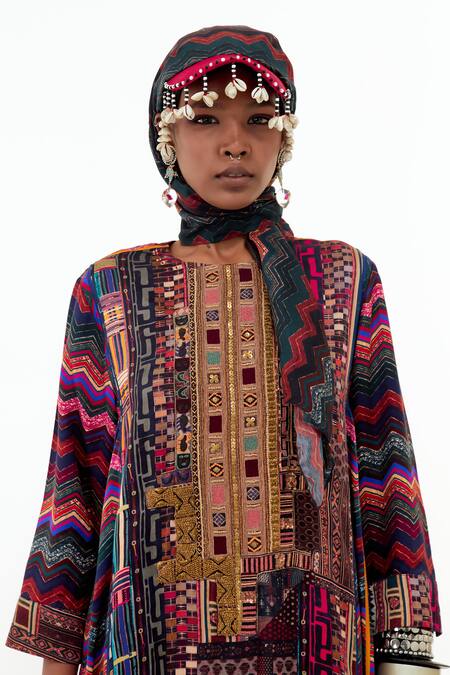 Buy_Aseem Kapoor_Multi Color Cotton, Silk Embroidery Round Neck Indra Printed Choga Kurta Set _Online_at_Aza_Fashions