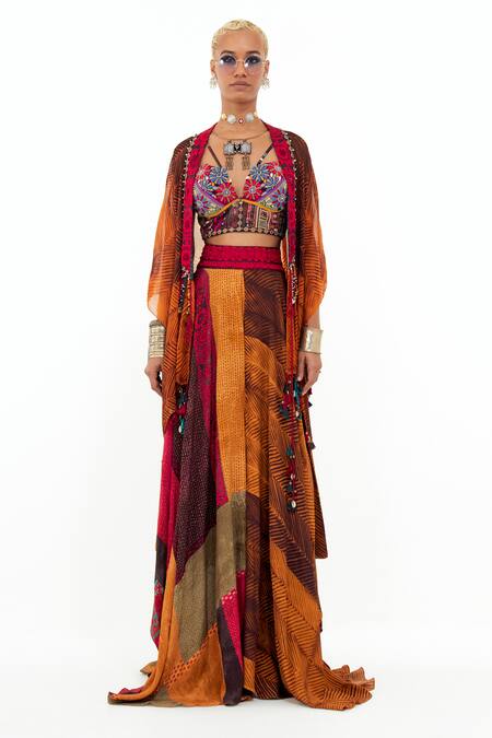 Aseem Kapoor Multi Color Cotton, Silk, Crepe Metallic Veni Stripe Print Jacket Skirt Set Online at Aza Fashions Aseem Kapoor_Multi Color Cotton, Silk, Crepe Metallic Veni Stripe Print Jacket Skirt Set _Online_at_Aza_Fashions