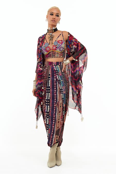 Aseem Kapoor Multi Color Sheer Silk Printed Chevron Jacket Veni Trouser Set 