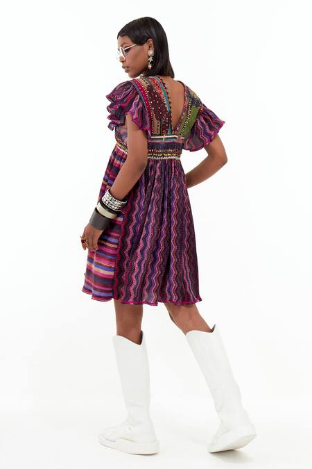 Shop_Aseem Kapoor_Multi Color Crepe Beads, Embroidery V-neck Nero Stripe Print Dress_at_Aza_Fashions