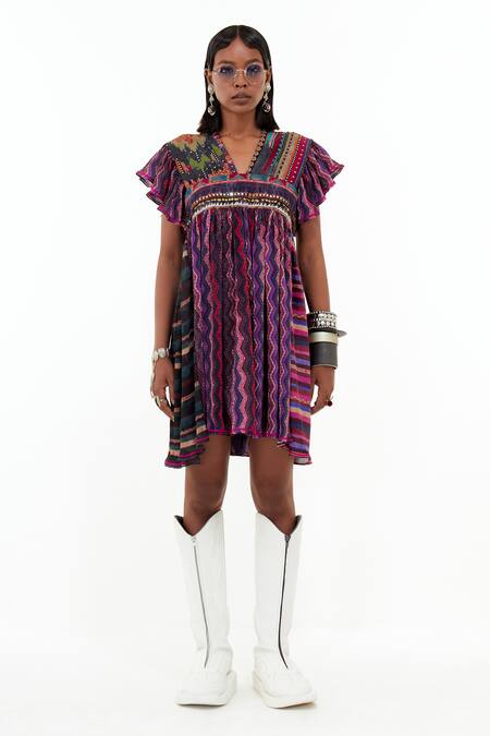 Aseem Kapoor_Multi Color Crepe Beads, Embroidery V-neck Nero Stripe Print Dress_Online_at_Aza_Fashions
