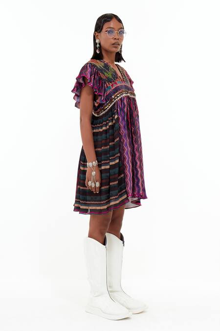 Buy_Aseem Kapoor_Multi Color Crepe Beads, Embroidery V-neck Nero Stripe Print Dress_Online_at_Aza_Fashions