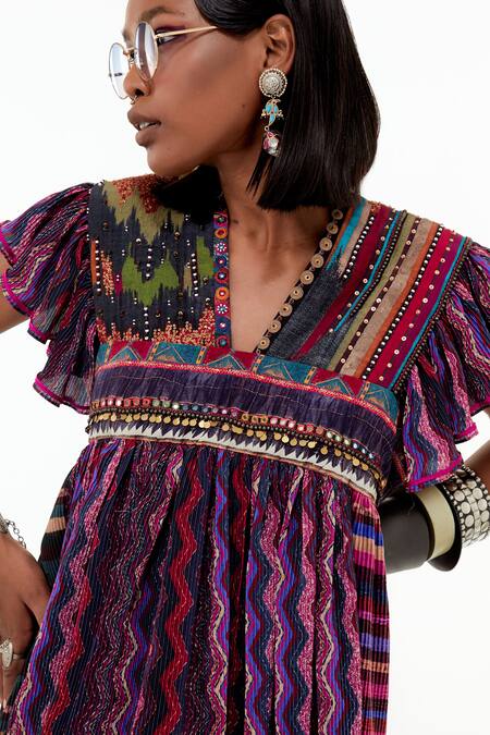 Shop_Aseem Kapoor_Multi Color Crepe Beads, Embroidery V-neck Nero Stripe Print Dress_Online_at_Aza_Fashions