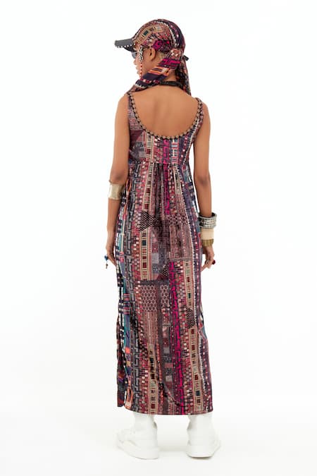 Shop_Aseem Kapoor_Multi Color Velvet Embroidery Round Neck Rooh Printed Bodycon Dress _at_Aza_Fashions