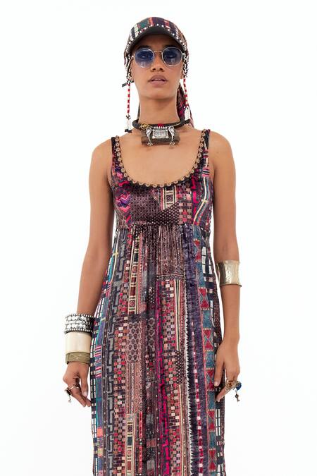 Aseem Kapoor_Multi Color Velvet Embroidery Round Neck Rooh Printed Bodycon Dress _Online_at_Aza_Fashions