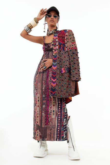 Shop Aseem Kapoor Multi Color Velvet, Muslin Embroidery Rooh Printed Bodycon Dress With Jacket at Aza Fashions Shop_Aseem Kapoor_Multi Color Velvet, Muslin Embroidery Rooh Printed Bodycon Dress With Jacket _at_Aza_Fashions