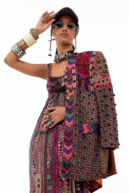 Aseem Kapoor Multi Color Velvet, Muslin Embroidery Rooh Printed Bodycon Dress With Jacket Online at Aza Fashions Aseem Kapoor_Multi Color Velvet, Muslin Embroidery Rooh Printed Bodycon Dress With Jacket _Online_at_Aza_Fashions