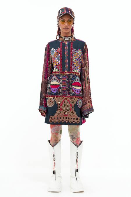Aseem Kapoor_Multi Color Velvet, Muslin Embroidery Round Neck Mehru Bead Dress _Online_at_Aza_Fashions