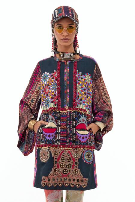 Shop_Aseem Kapoor_Multi Color Velvet, Muslin Embroidery Round Neck Mehru Bead Dress _Online_at_Aza_Fashions