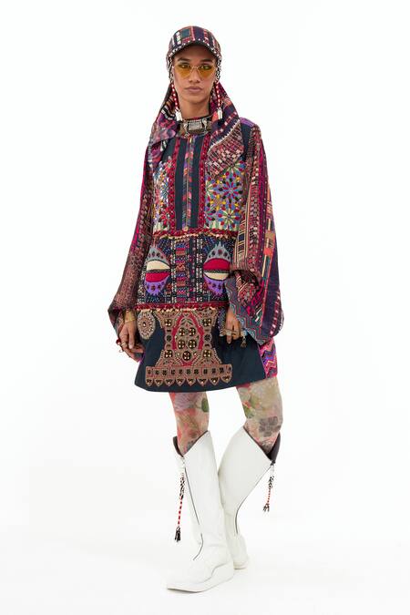 Aseem Kapoor_Multi Color Velvet, Muslin Embroidery Round Neck Mehru Bead Dress _at_Aza_Fashions