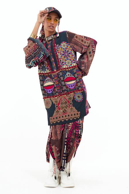 Aseem Kapoor_Multi Color Velvet, Crepe Embroidery Round Neck Mehru Bead Dress And Trouser Set _Online_at_Aza_Fashions