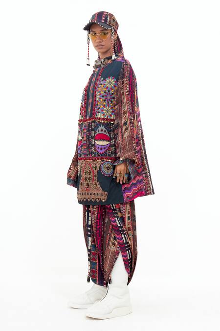Buy_Aseem Kapoor_Multi Color Velvet, Crepe Embroidery Round Neck Mehru Bead Dress And Trouser Set _Online_at_Aza_Fashions