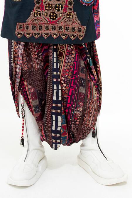 Shop_Aseem Kapoor_Multi Color Velvet, Crepe Embroidery Round Neck Mehru Bead Dress And Trouser Set _Online_at_Aza_Fashions