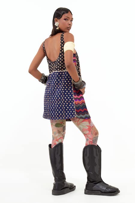 Shop_Aseem Kapoor_Multi Color Muslin Mirrors, Diamonds Round Neck Mehru Embroidered Dress _at_Aza_Fashions