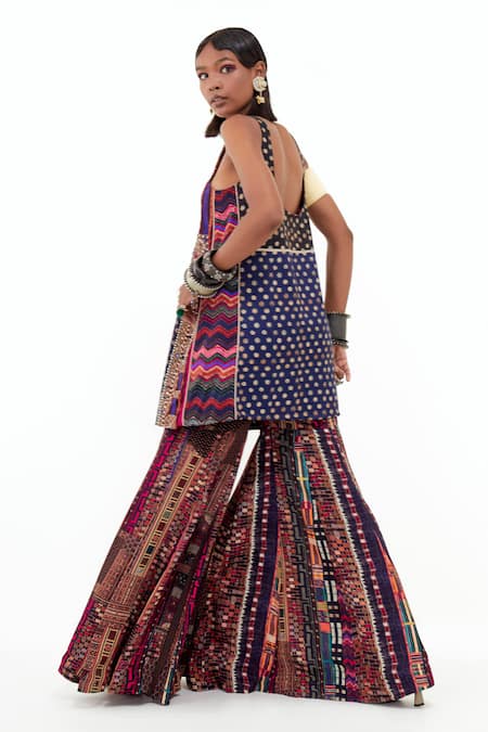 Shop_Aseem Kapoor_Multi Color Silk, Crepe, Twill Mirrors Mehru Embroidered Kurta Sharara Set _at_Aza_Fashions