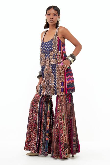 Buy_Aseem Kapoor_Multi Color Silk, Crepe, Twill Mirrors Mehru Embroidered Kurta Sharara Set _Online_at_Aza_Fashions