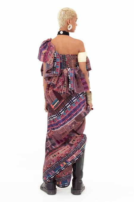 Shop_Aseem Kapoor_Multi Color Crepe Asymmetric Roxxana Collage Print Ruffle Dress _at_Aza_Fashions