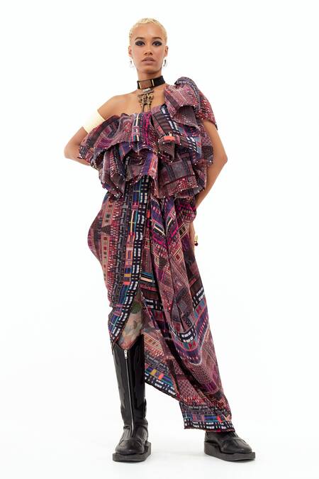 Aseem Kapoor_Multi Color Crepe Asymmetric Roxxana Collage Print Ruffle Dress _Online_at_Aza_Fashions