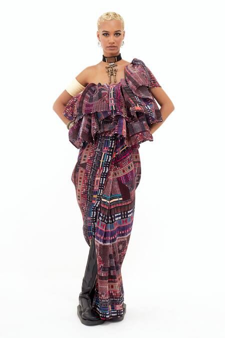 Buy_Aseem Kapoor_Multi Color Crepe Asymmetric Roxxana Collage Print Ruffle Dress _Online_at_Aza_Fashions