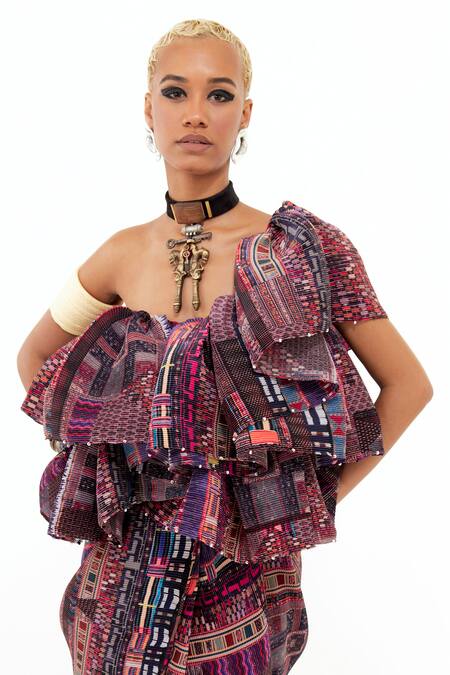 Shop_Aseem Kapoor_Multi Color Crepe Asymmetric Roxxana Collage Print Ruffle Dress _Online_at_Aza_Fashions