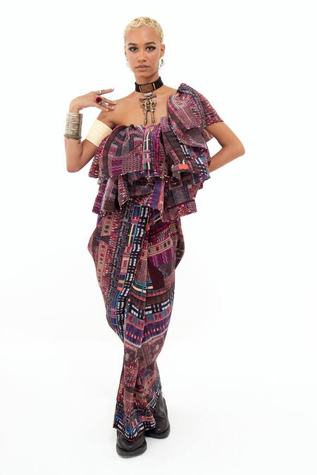 Aseem Kapoor_Multi Color Crepe Asymmetric Roxxana Collage Print Ruffle Dress _at_Aza_Fashions