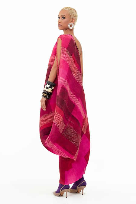 Shop_Aseem Kapoor_Pink Crepe Embroidery, Tassels, Mirrors Rasa One Shoulder Pleated Dress _at_Aza_Fashions