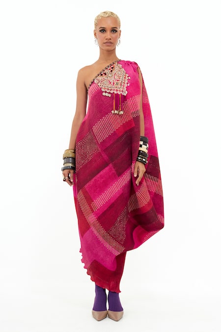 Aseem Kapoor_Pink Crepe Embroidery, Tassels, Mirrors Rasa One Shoulder Pleated Dress _Online_at_Aza_Fashions