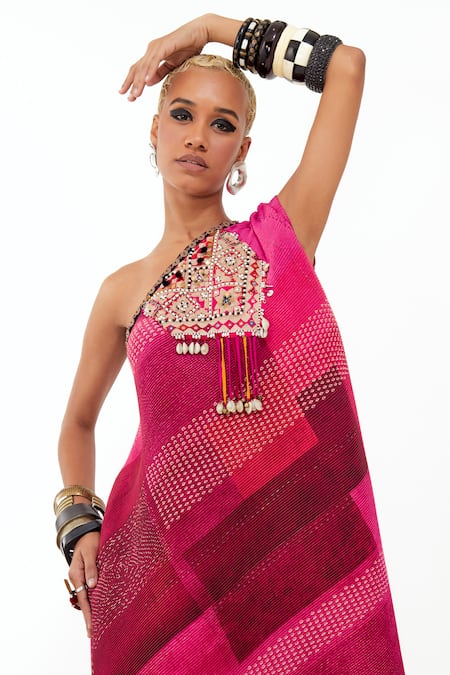 Buy_Aseem Kapoor_Pink Crepe Embroidery, Tassels, Mirrors Rasa One Shoulder Pleated Dress _Online_at_Aza_Fashions