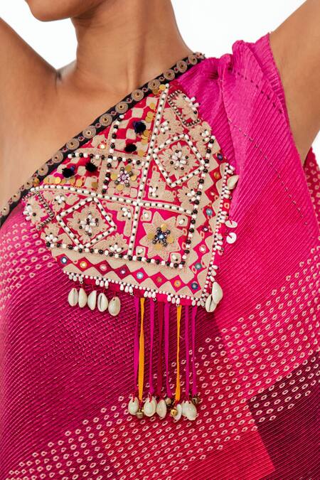 Shop_Aseem Kapoor_Pink Crepe Embroidery, Tassels, Mirrors Rasa One Shoulder Pleated Dress _Online_at_Aza_Fashions
