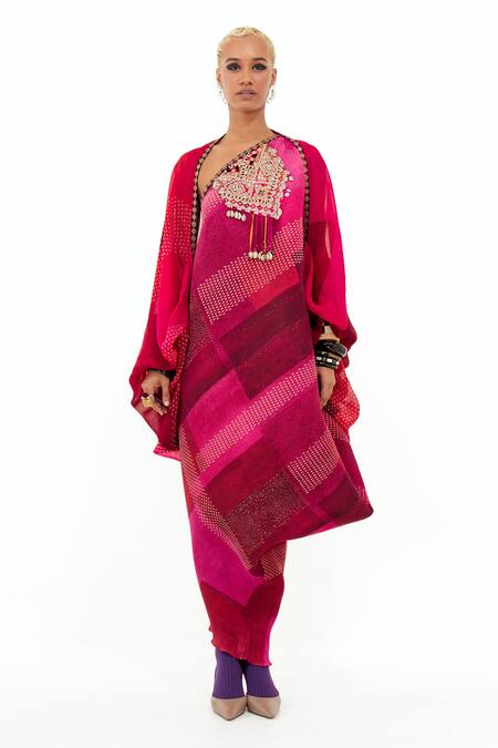 Aseem Kapoor_Pink Crepe, Silk Mirrors, Tassels Rasa One Shoulder Pleated Dress With Jacket _Online_at_Aza_Fashions