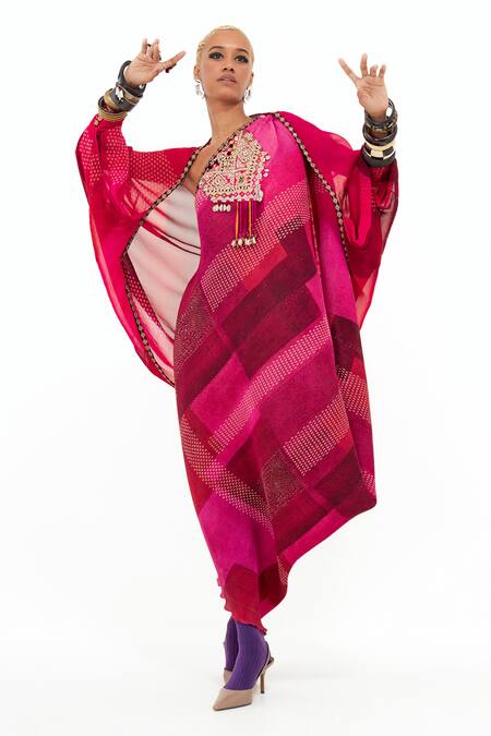Buy_Aseem Kapoor_Pink Crepe, Silk Mirrors, Tassels Rasa One Shoulder Pleated Dress With Jacket _Online_at_Aza_Fashions
