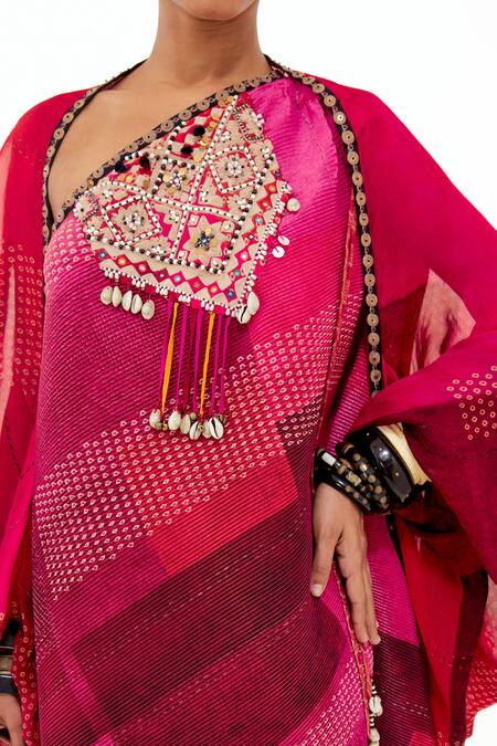 Shop_Aseem Kapoor_Pink Crepe, Silk Mirrors, Tassels Rasa One Shoulder Pleated Dress With Jacket _Online_at_Aza_Fashions