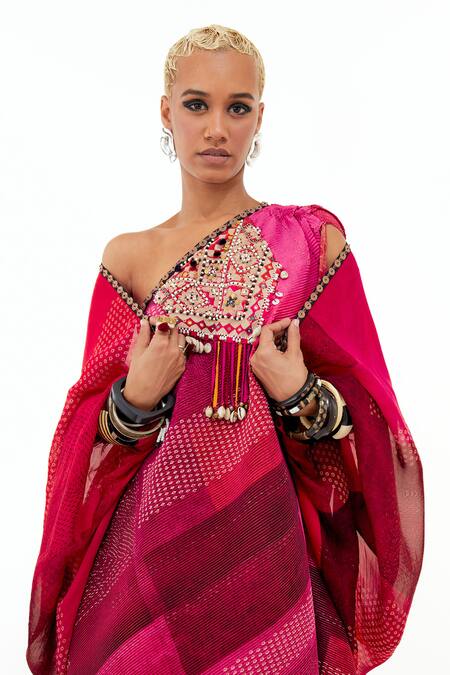 Aseem Kapoor_Pink Crepe, Silk Mirrors, Tassels Rasa One Shoulder Pleated Dress With Jacket _at_Aza_Fashions