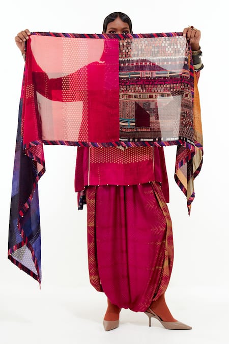 Shop_Aseem Kapoor_Multi Color Silk Beads Patti Print Odhni _at_Aza_Fashions