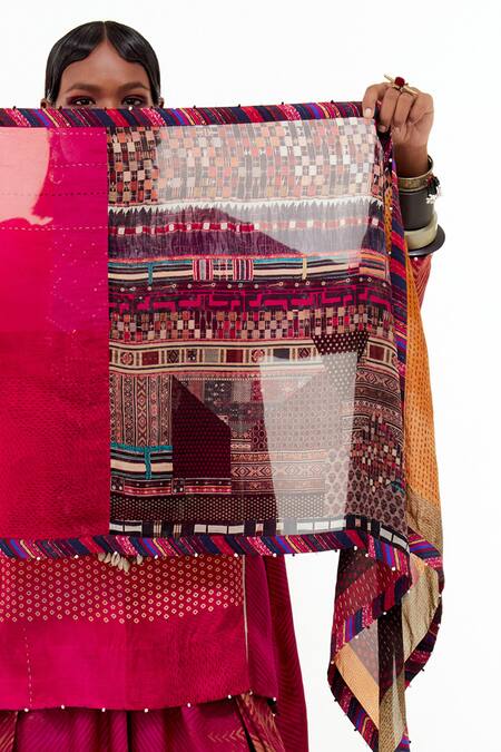 Aseem Kapoor_Multi Color Silk Beads Patti Print Odhni _Online_at_Aza_Fashions